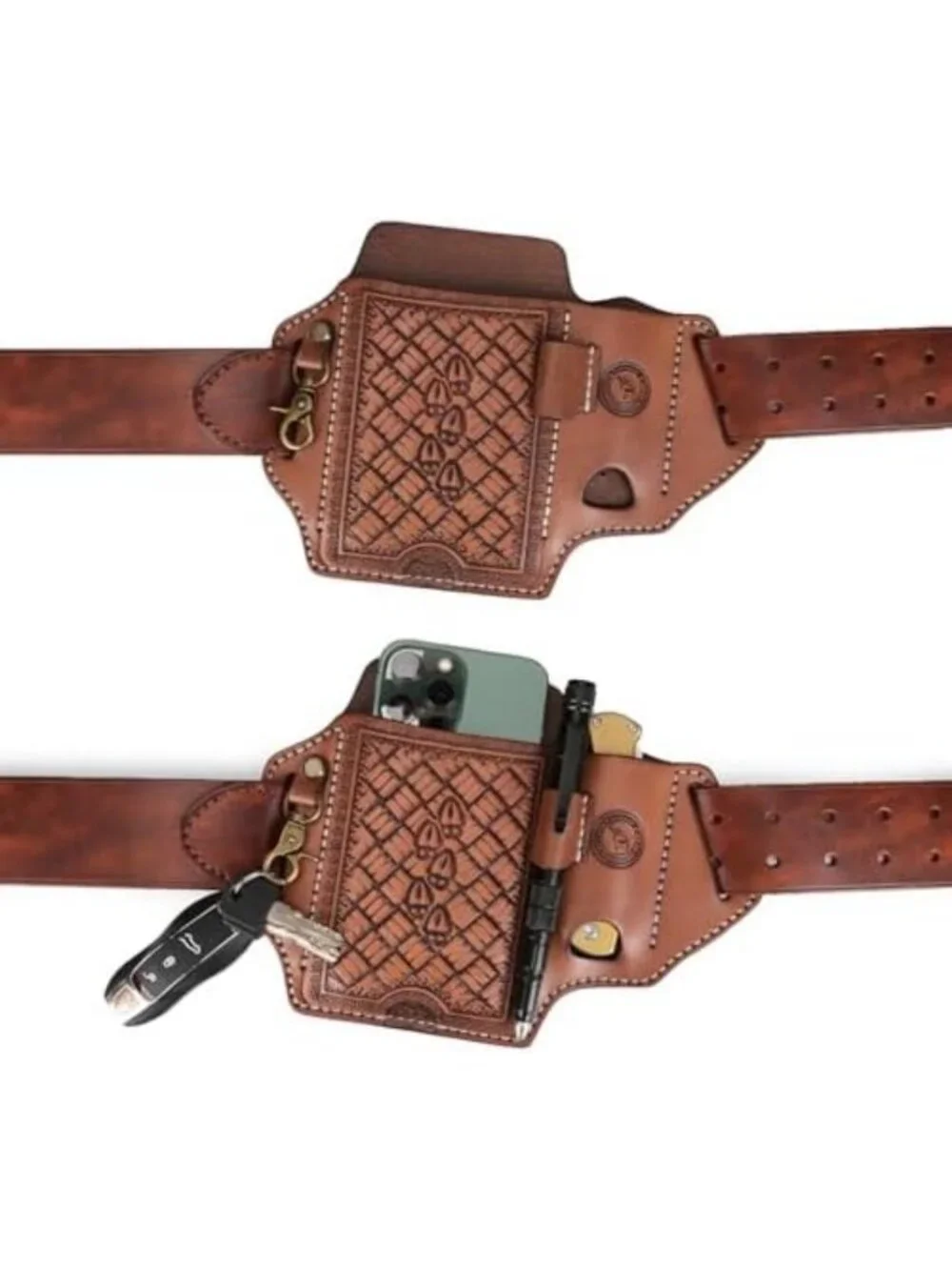 Versatile Leather Cell Phone Holster Case with Knife Sheath, Pen Slot & Key Clip